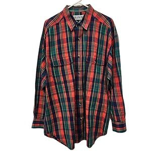 Silenzio Vintage 100% Cotton Plaid Long Sleeve Shirt SZ XL Red Blue Green Yellow